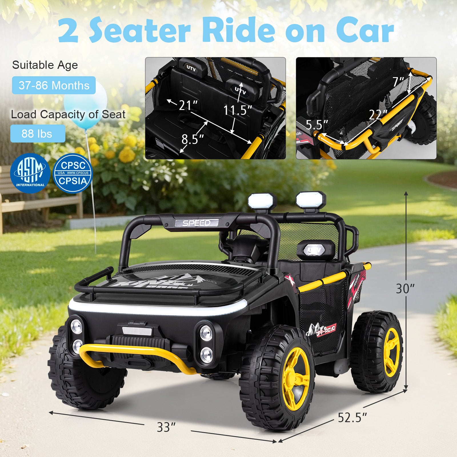 Children's ride-on car with measurements and specifications on a grassy background