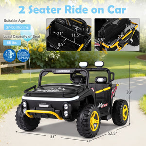 Children's ride-on car with measurements and specifications on a grassy background