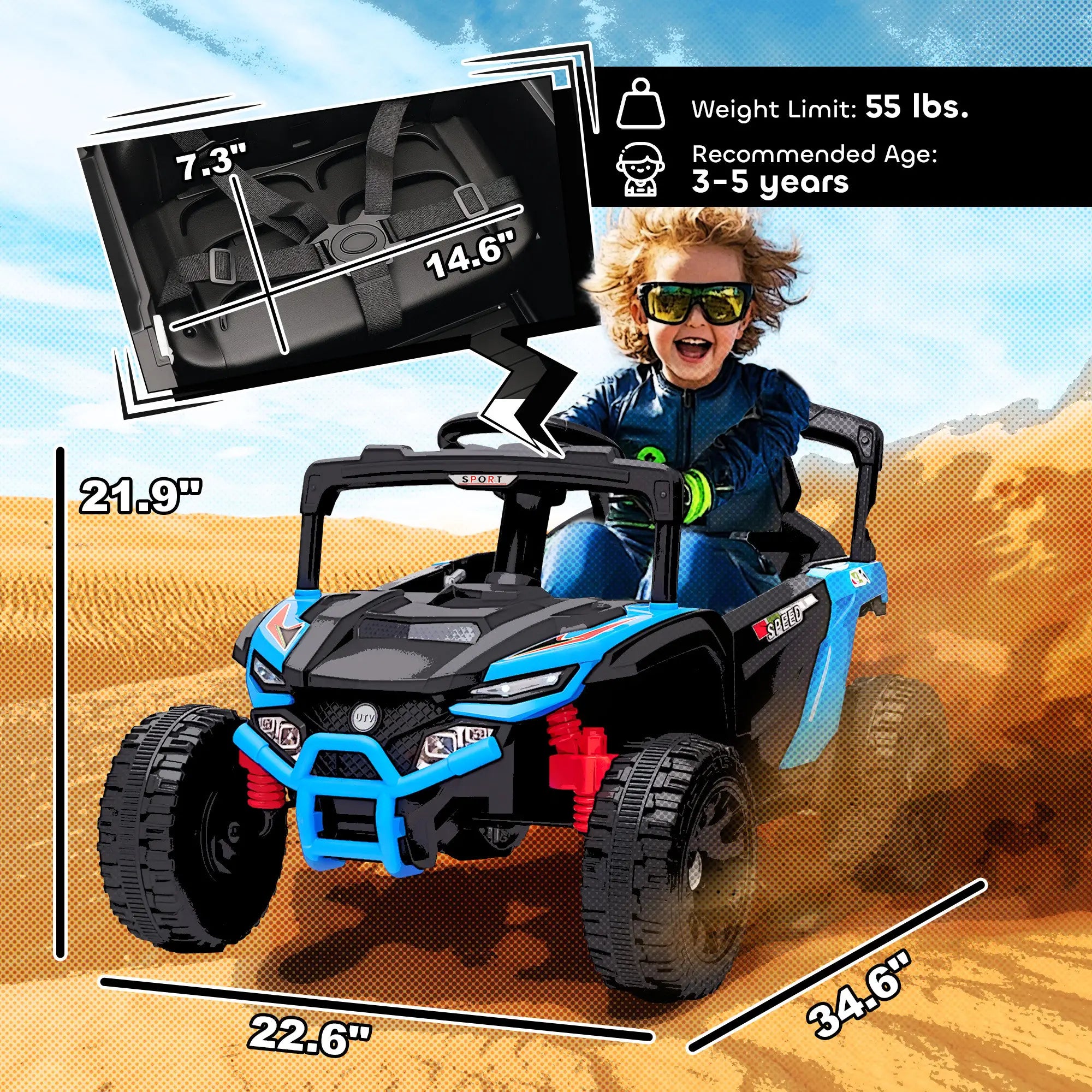 Child playing with a toy car in a desert setting, with product dimensions and weight limit displayed.