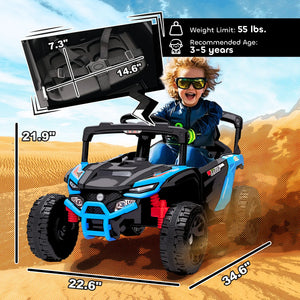 Child playing with a toy car in a desert setting, with product dimensions and weight limit displayed.