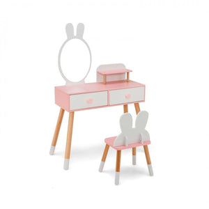Children's vanity set with mirror, stool, and chair on a white background