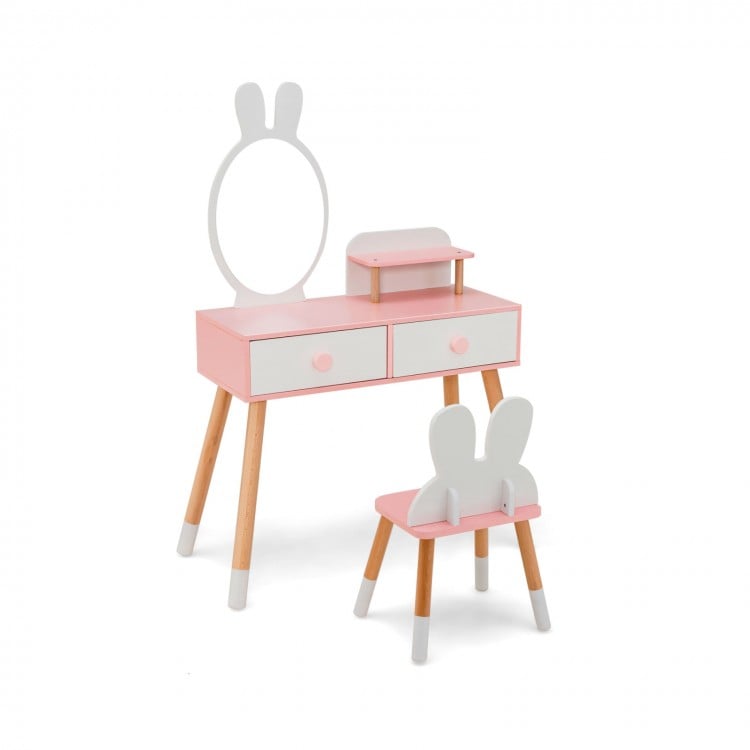 Children's vanity set with mirror, stool, and chair on a white background