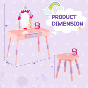 Kids vanity table stool set with castle mirror