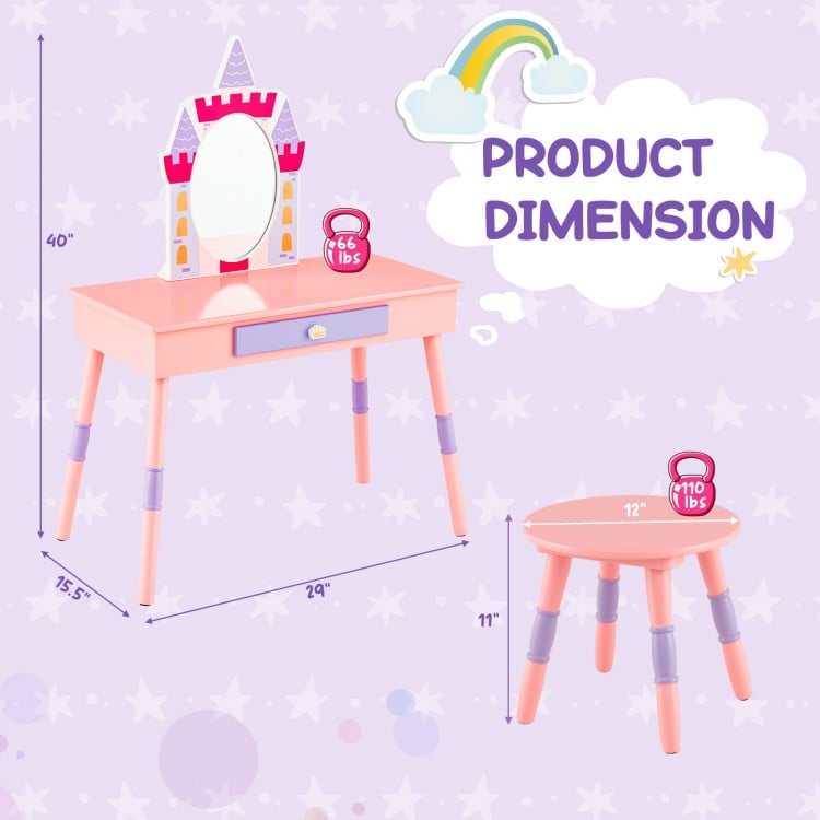Kids vanity table stool set with castle mirror