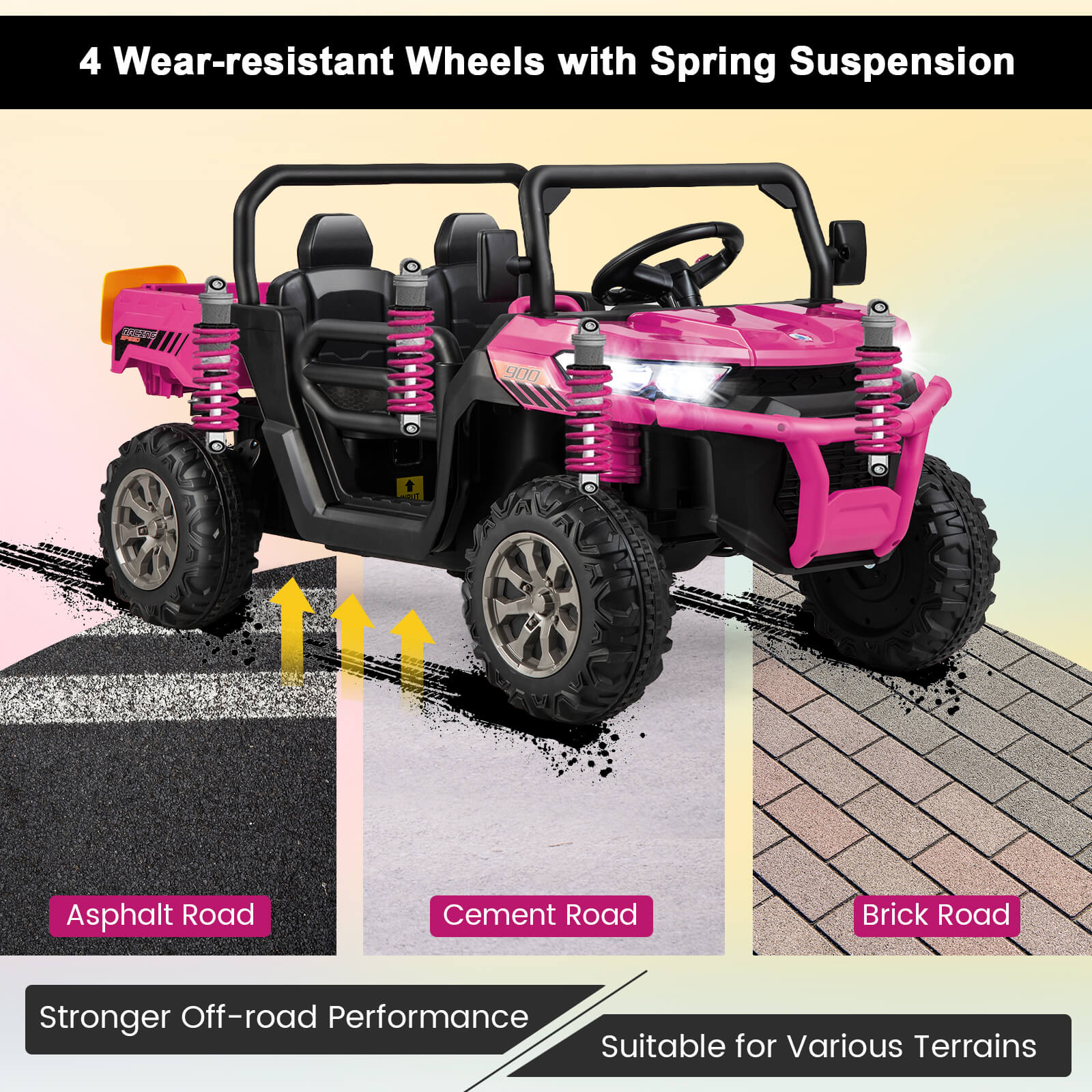Pink and black off-road vehicle with wear-resistant wheels and spring suspension on a road surface illustration.