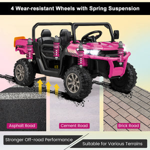 Pink and black off-road vehicle with wear-resistant wheels and spring suspension on a road surface illustration.