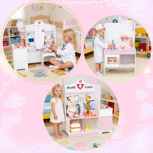 Children playing with a toy doctor's office set in a colorful room.