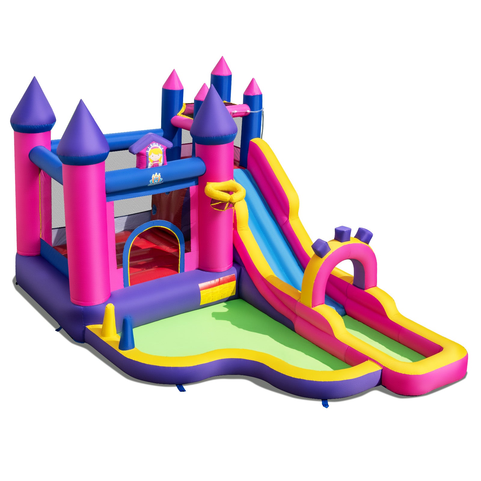 Colorful inflatable castle with slides on a white background