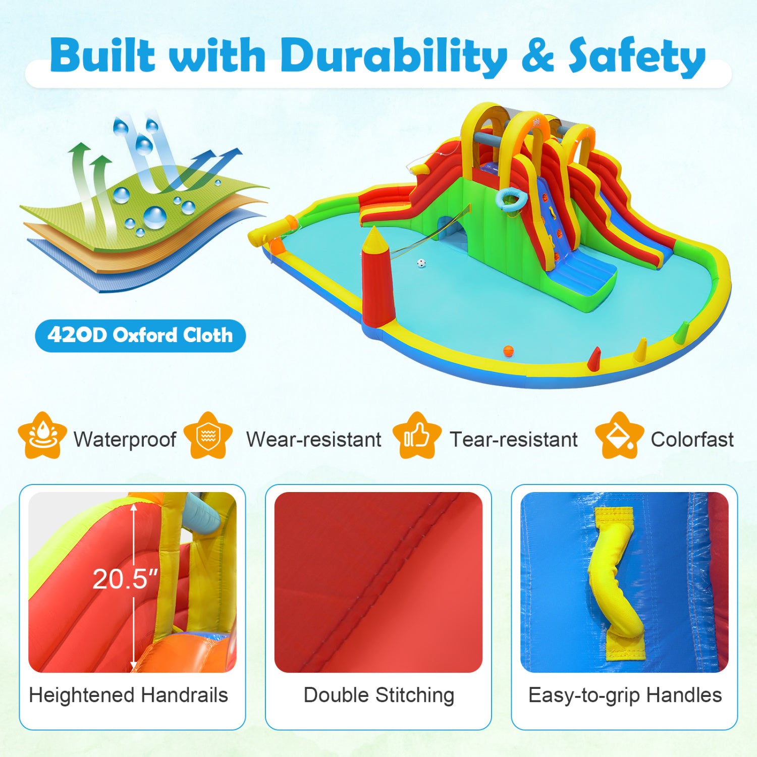 Inflatable water park with durability and safety features highlighted, including 420D Oxford Cloth, waterproof, wear-resistant, tear-resistant, and colorfast properties.