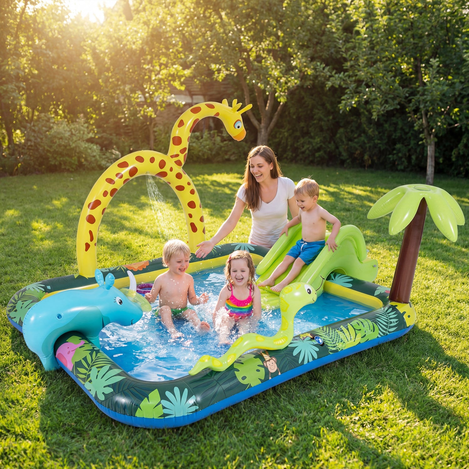 Children playing in an inflatable pool with a giraffe and dinosaur design in a garden setting.