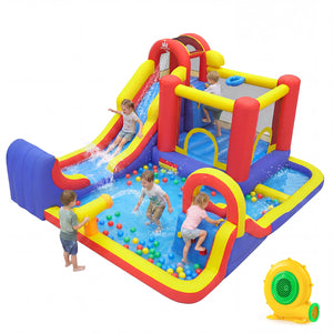 Children playing on a colorful inflatable water slide and play area with a pool.