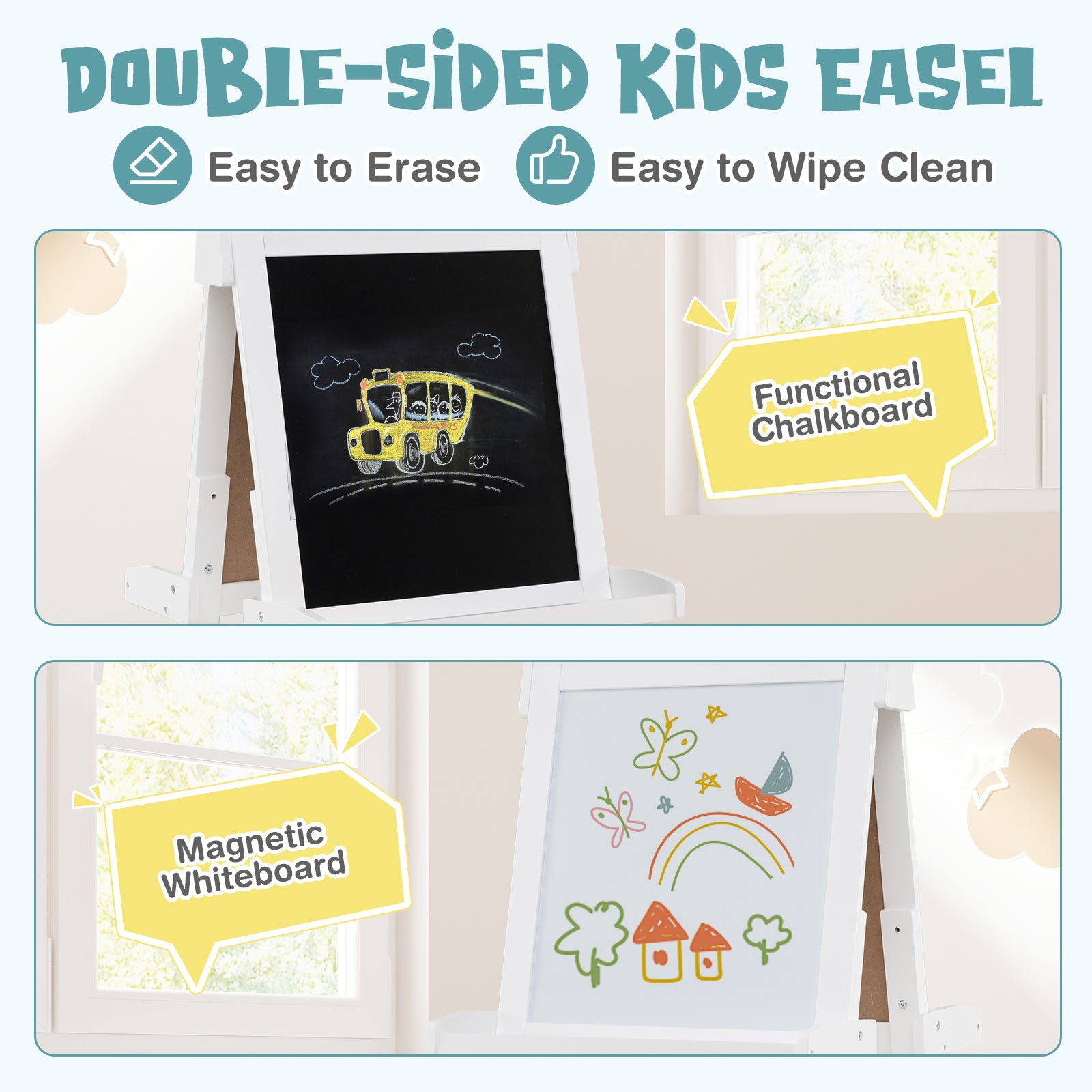 Whiteboard and chalkboard combo easel for children