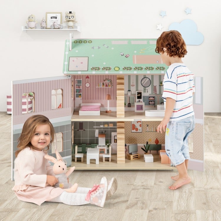 Front view of 3-level wooden dollhouse playset