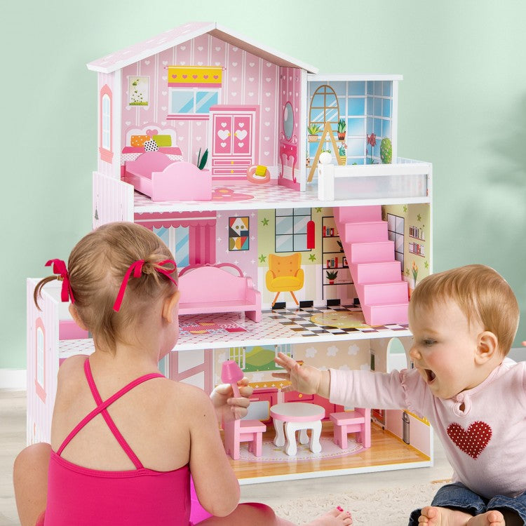 Three-story wooden dollhouse playset with detailed rooms