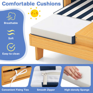 Mattress with comfortable cushions on a wooden bed frame, featuring text and icons about cushion features.