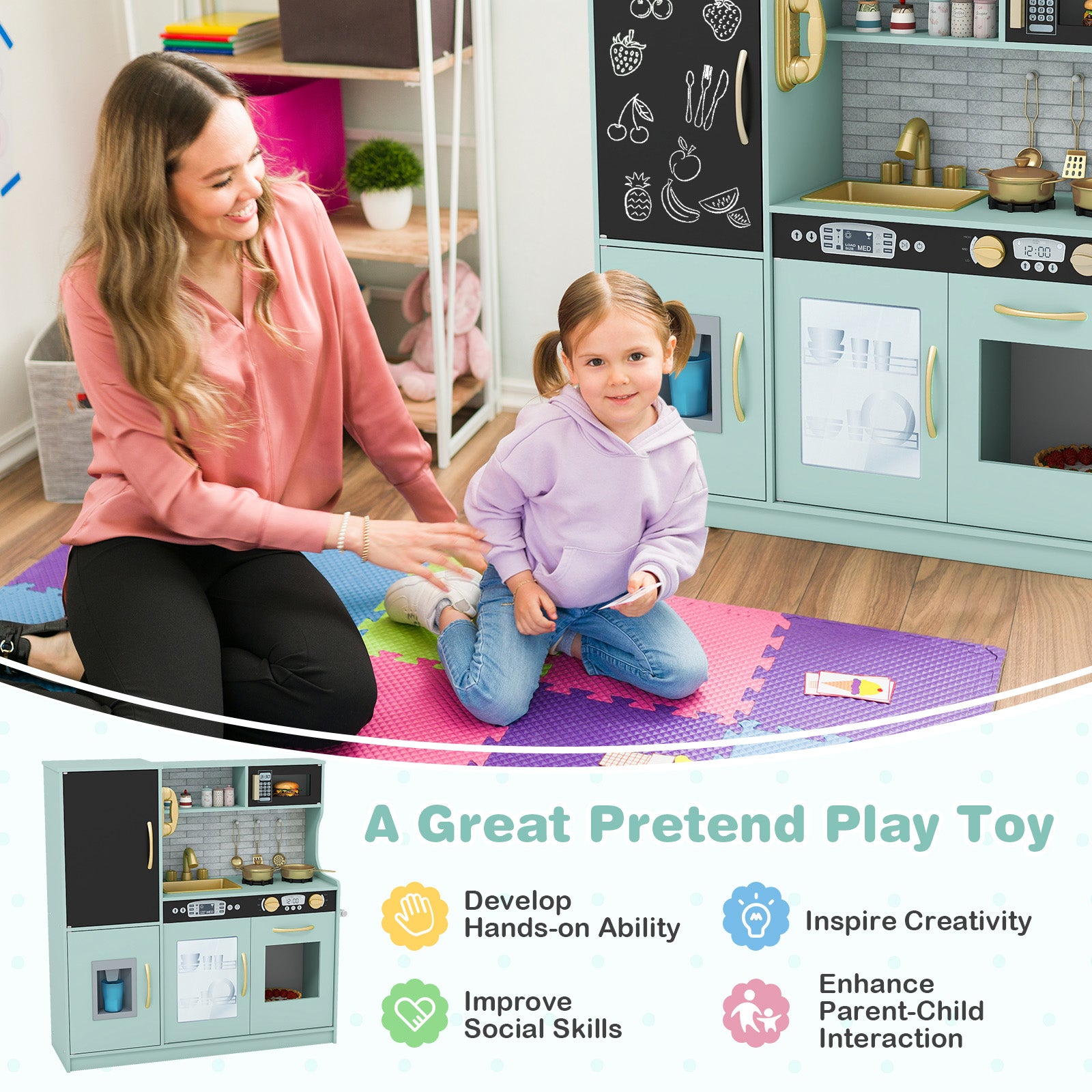 Wooden pretend kitchen set for boys and girls ages 3 to 61