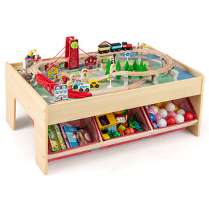 Kids wooden train table with 94-piece railway playset