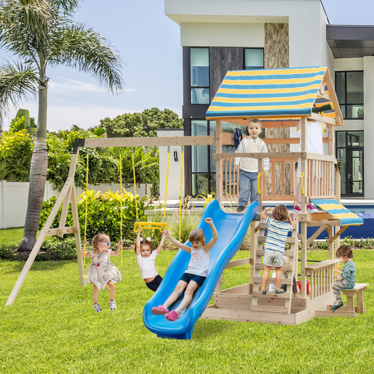 kids climbing dome with slide attached to wooden swing set