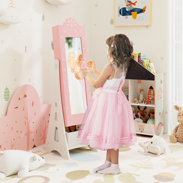 Kids Jewelry Cabinet with Full-Length Mirror and Foldable Storage Drawer