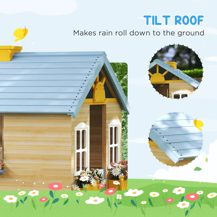 Kids outdoor playhouse with bench and blue roof