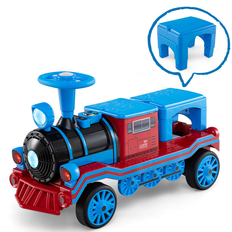 Two kids enjoying a kids ride on train with whistle sound