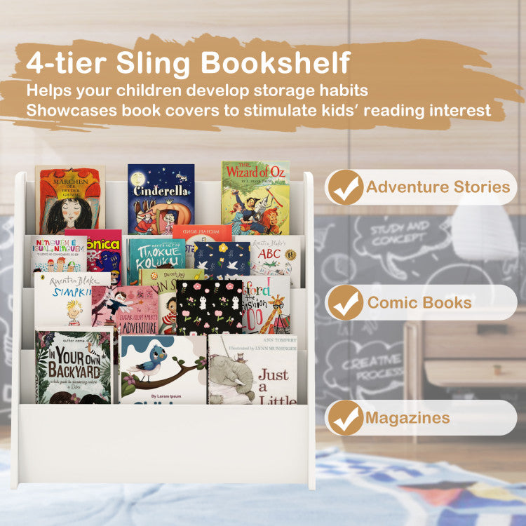 A cozy kids' room featuring a 4-tier bookshelf for all-in-one storage