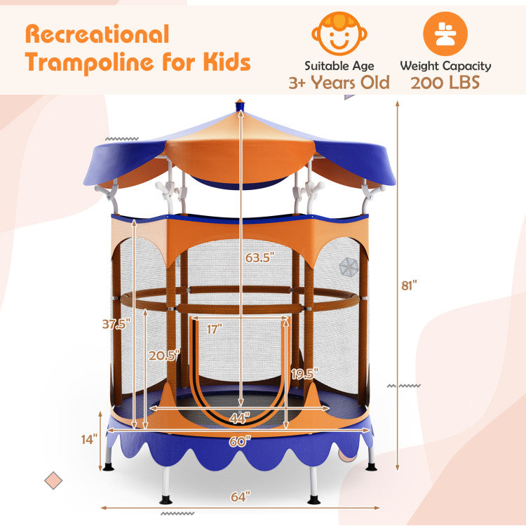 64" Kids Trampoline with Detachable Canopy & Safety Enclosure Net – Outdoor Fun Gear