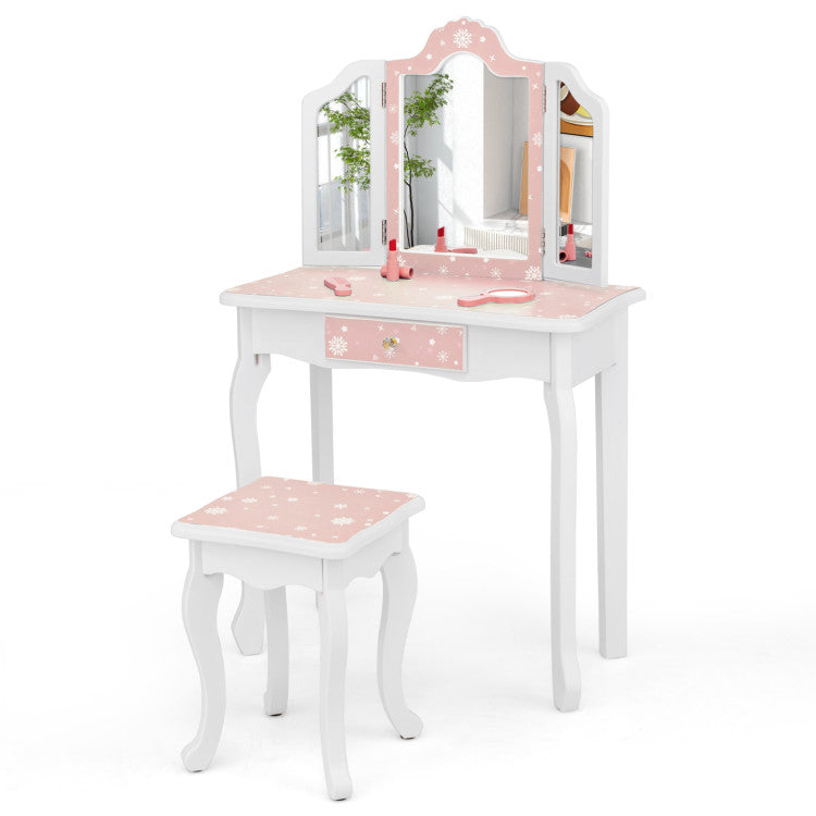 Princess Makeup Table and Stool Set with Tri-Folding Mirror – Pretend Play Vanity