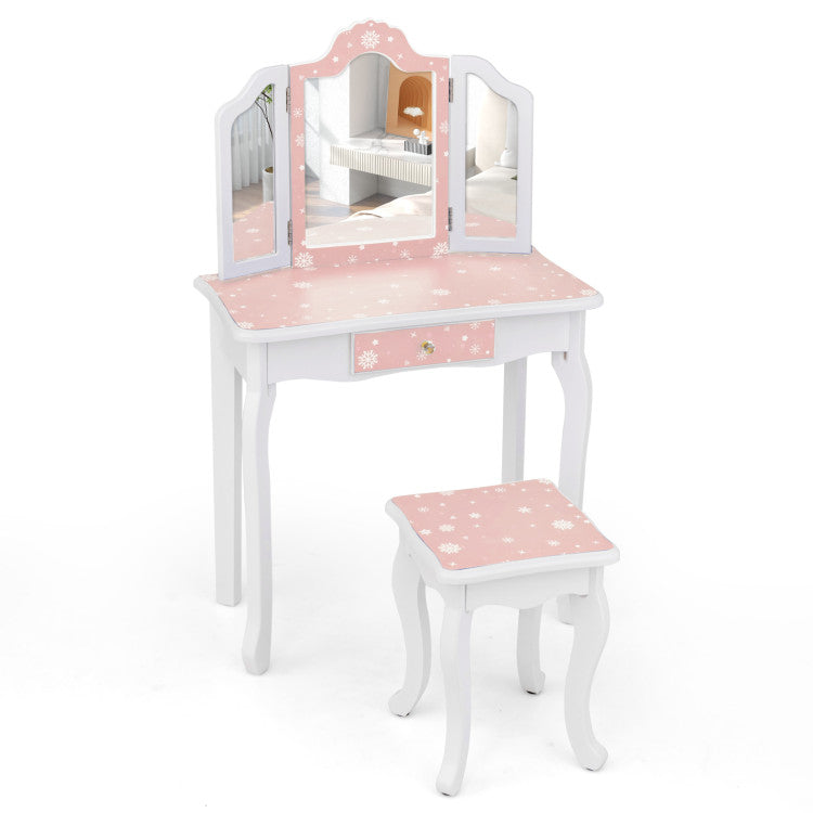 Princess Makeup Table and Stool Set with Tri-Folding Mirror – Pretend Play Vanity