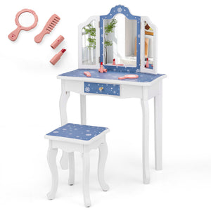 Princess Makeup Table and Stool Set with Tri-Folding Mirror – Pretend Play Vanity