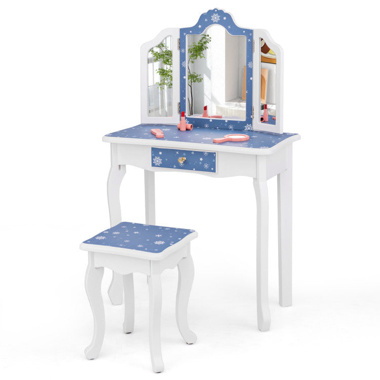 Princess Makeup Table and Stool Set with Tri-Folding Mirror – Pretend Play Vanity