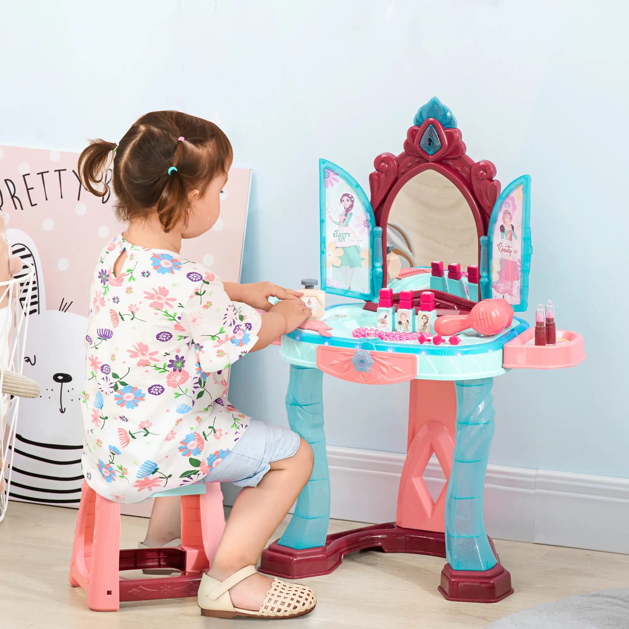 Kids vanity table with self-opening magic mirror