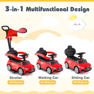 Red 3-in-1 multifunctional children's toy vehicle with stroller, walking car, and sliding car features on a beach background.