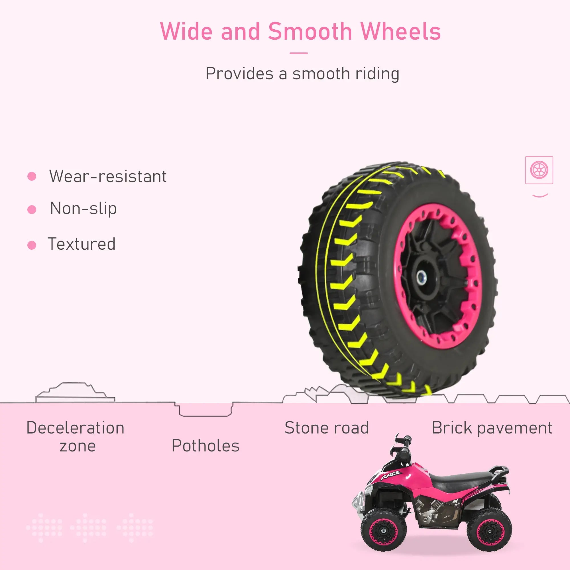 Motorcycle tire with pink rim on a pink background, featuring text about tire features and applications.