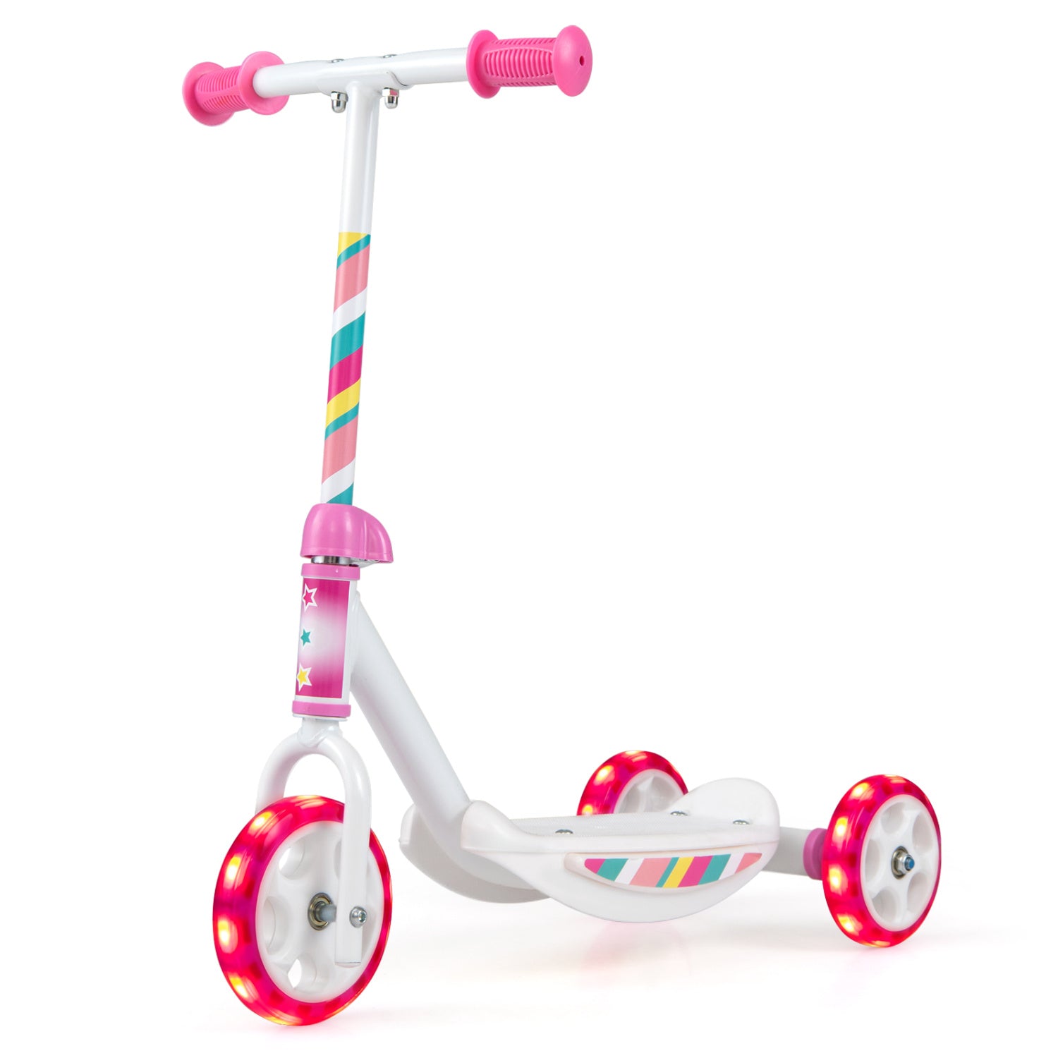 Children's scooter with colorful handlebar and pink accents on a white background