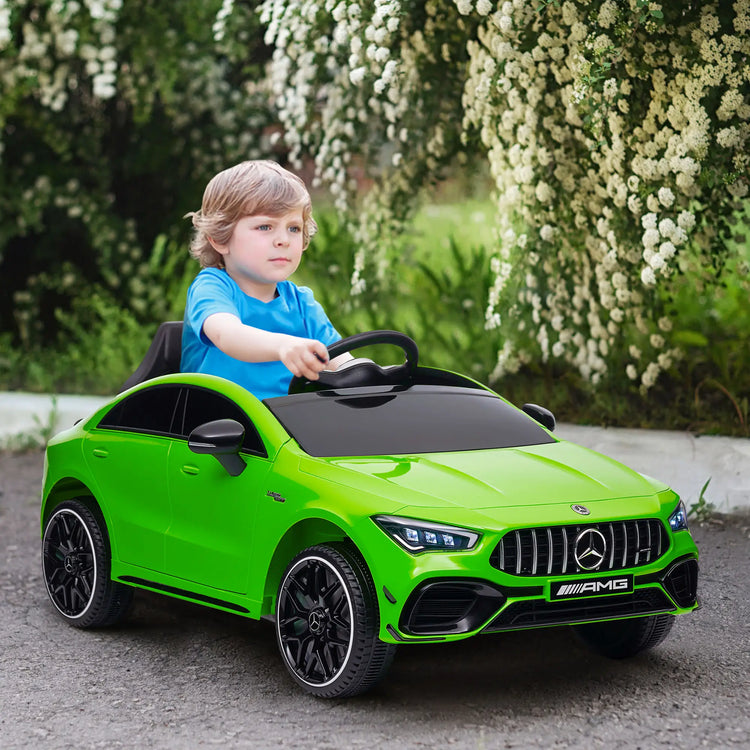 Green licensed Mercedes AMG CLA45 kids electric toy car.