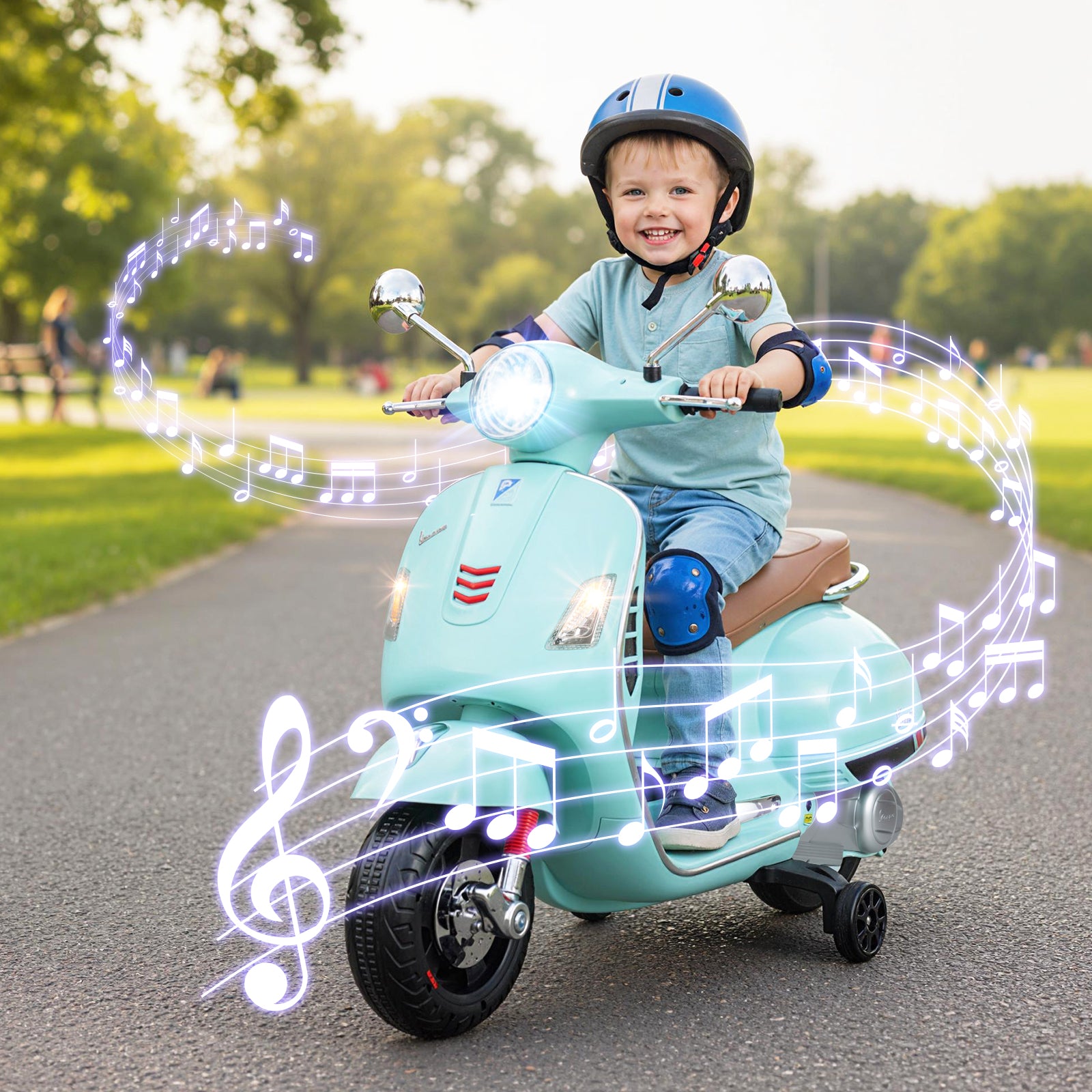 Child riding a toy scooter with musical notes and lights in a park setting