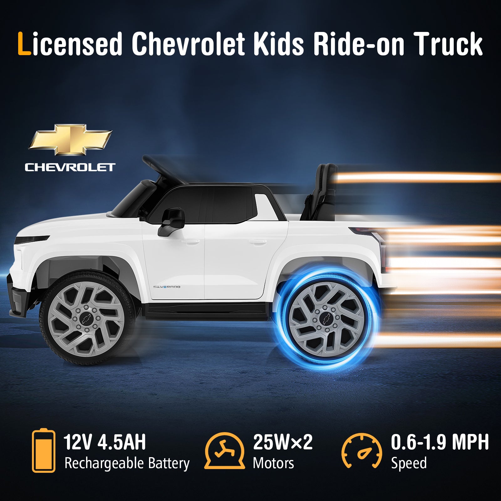 White kids ride-on truck with Chevrolet logo on a dark background