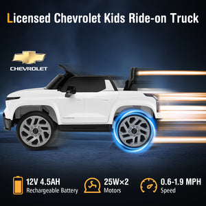 White kids ride-on truck with Chevrolet logo on a dark background