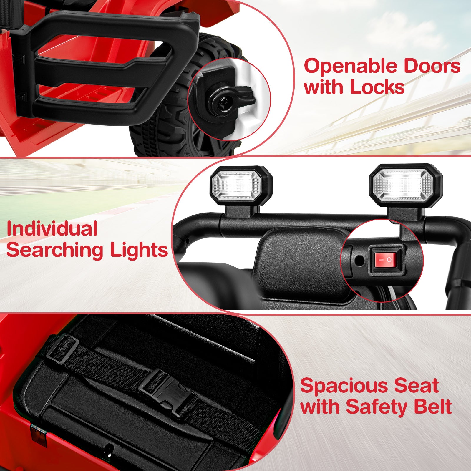 Red and black vehicle with openable doors, searching lights, and a spacious seat with safety belt.