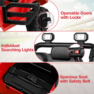 Red and black vehicle with openable doors, searching lights, and a spacious seat with safety belt.