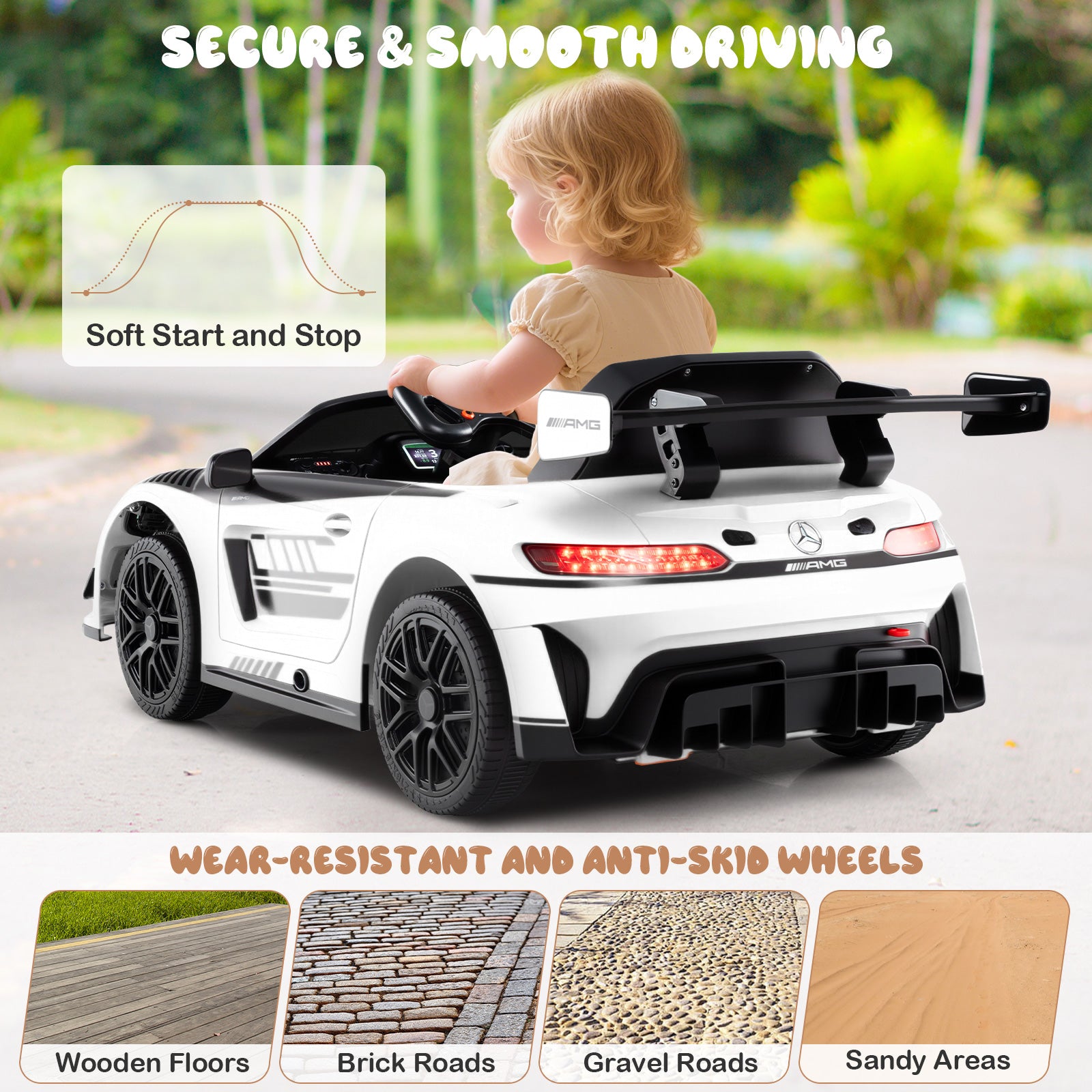 Child in a toy car with features highlighted on a road background