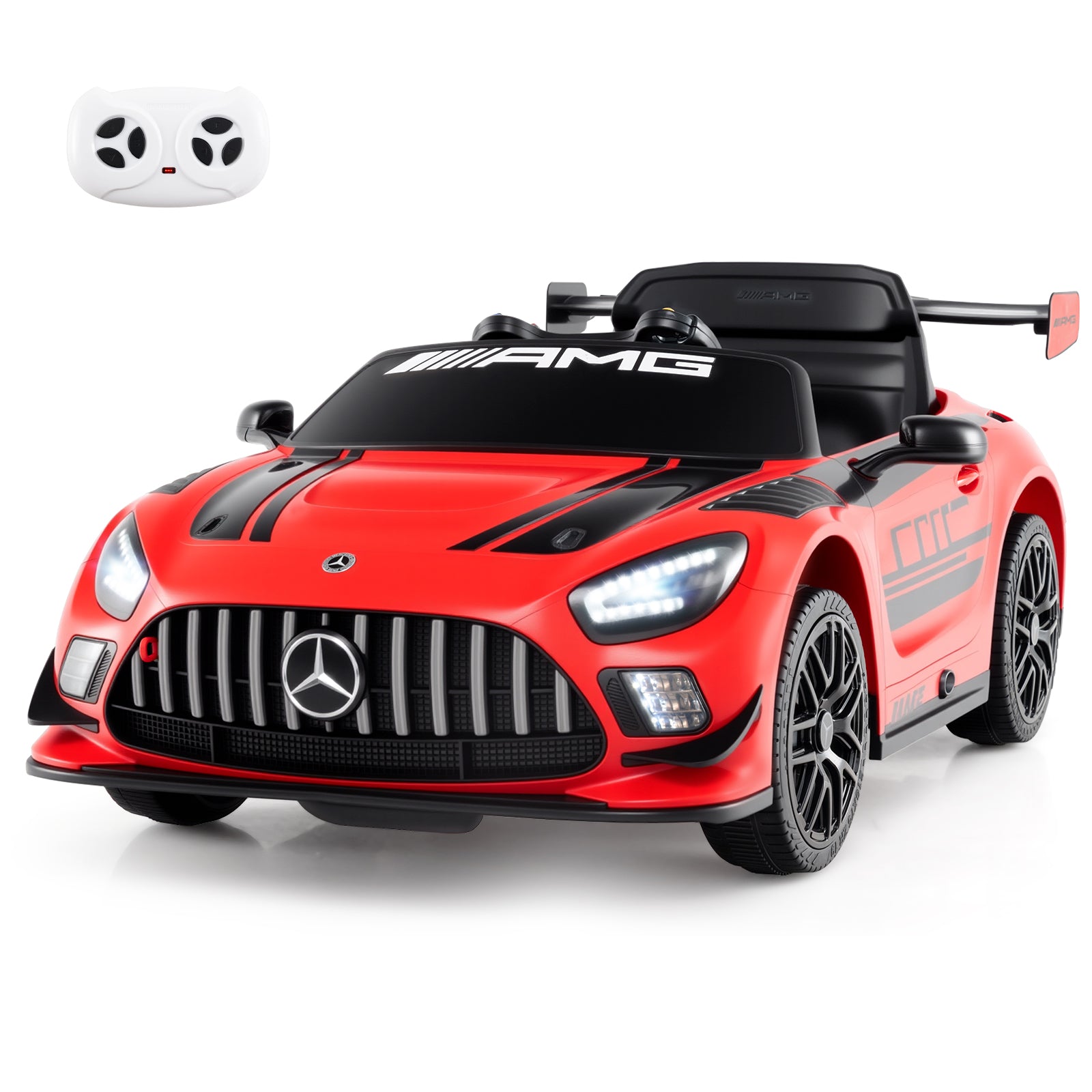 Red toy car with Mercedes-Benz logo and AMG branding on a white background
