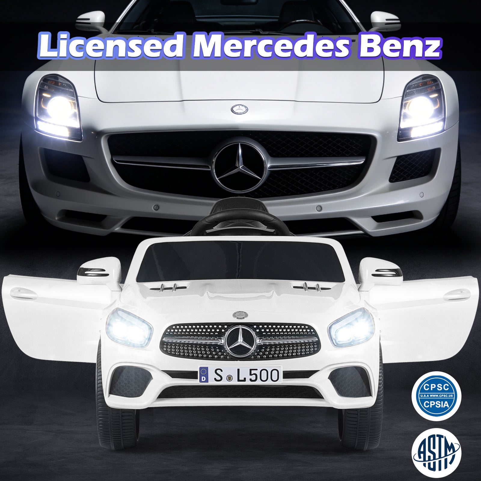 White toy car with Mercedes-Benz logo next to a real Mercedes-Benz car on a dark background.