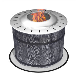 Wooden-textured fire pit with flames on a white background