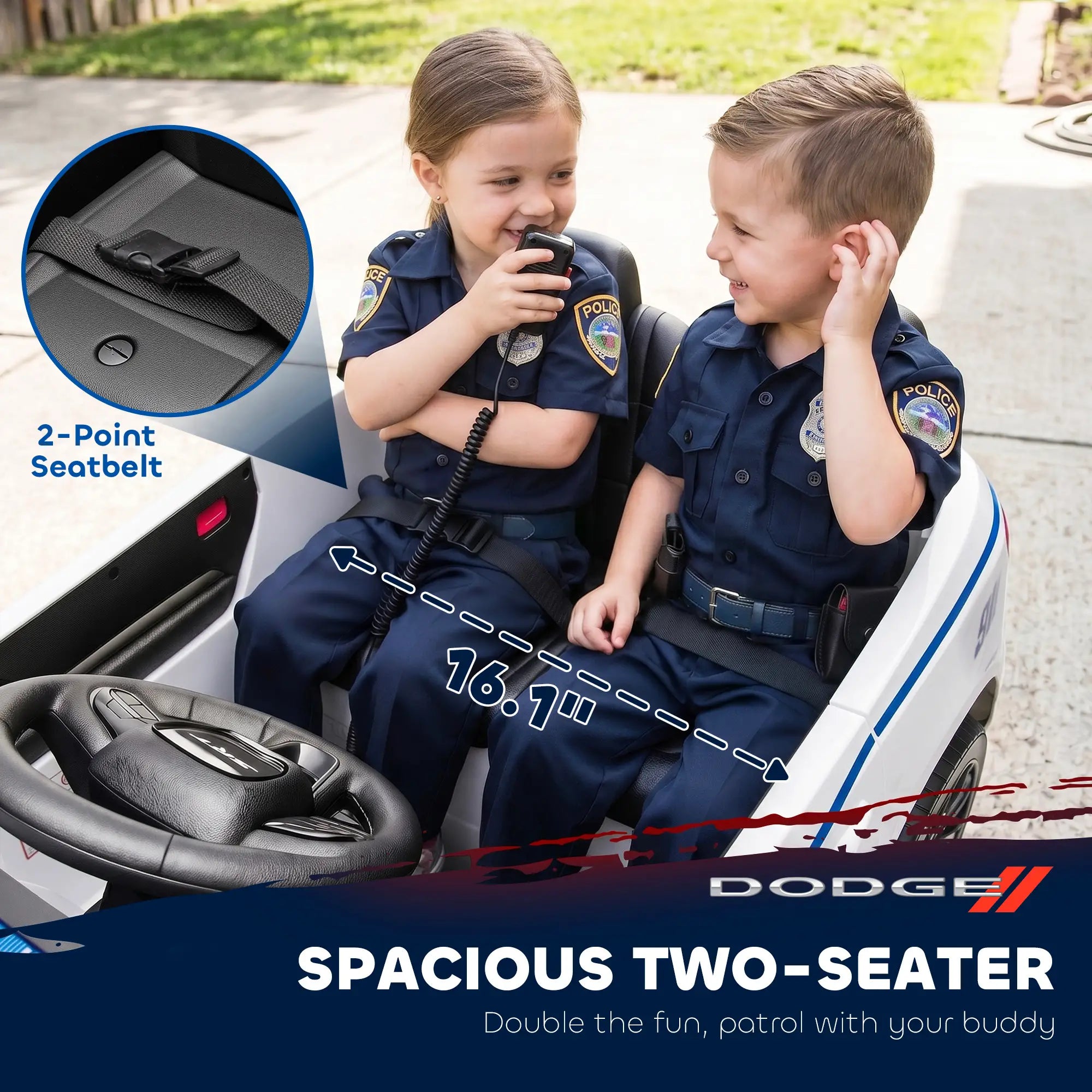 Two children wearing police uniforms sitting in a white and blue two-seater toy car outdoors. The image includes a circular inset showing a black seatbelt clip, a measurement overlay indicating 16.