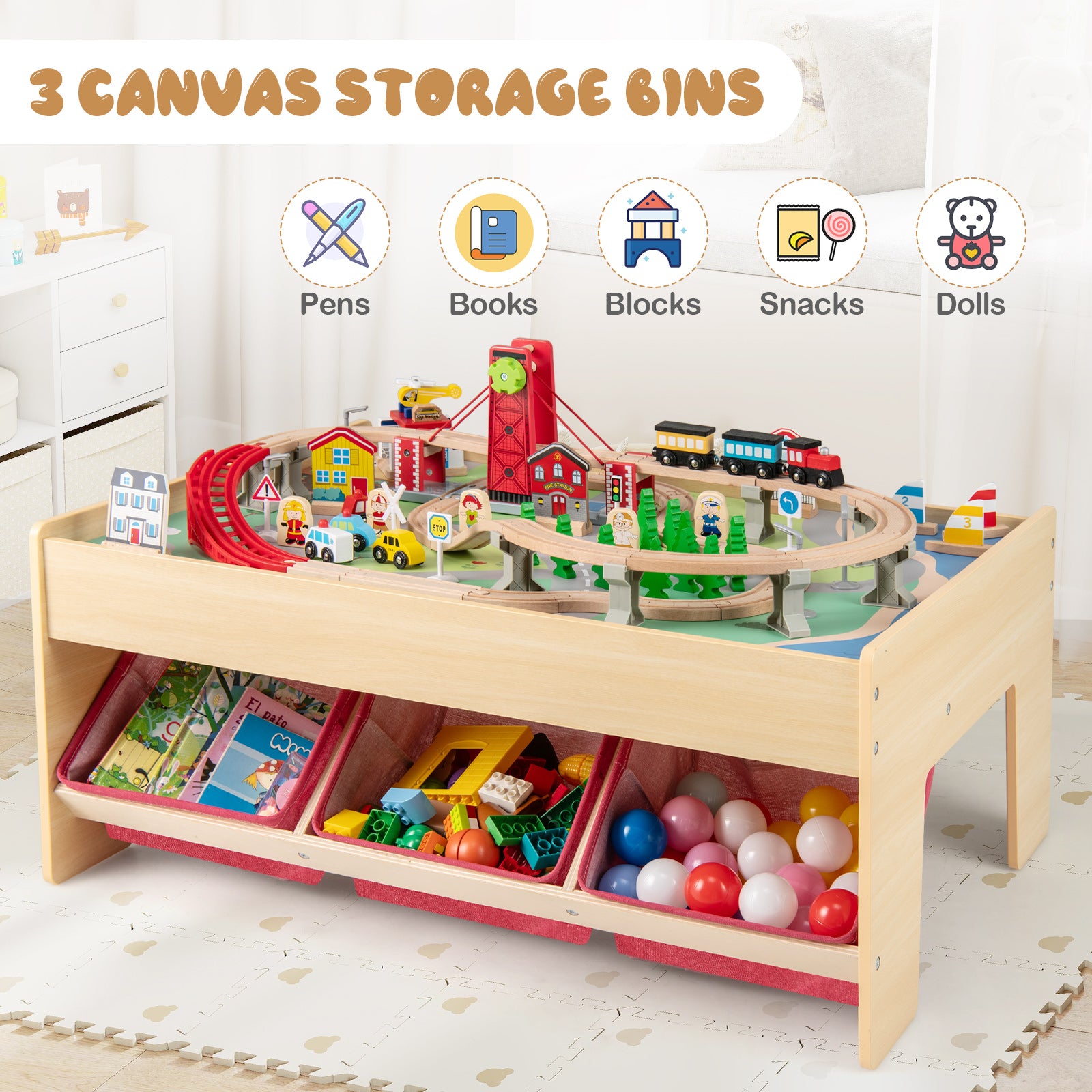 Activity table with magnetic trains and solid wood railway tracks