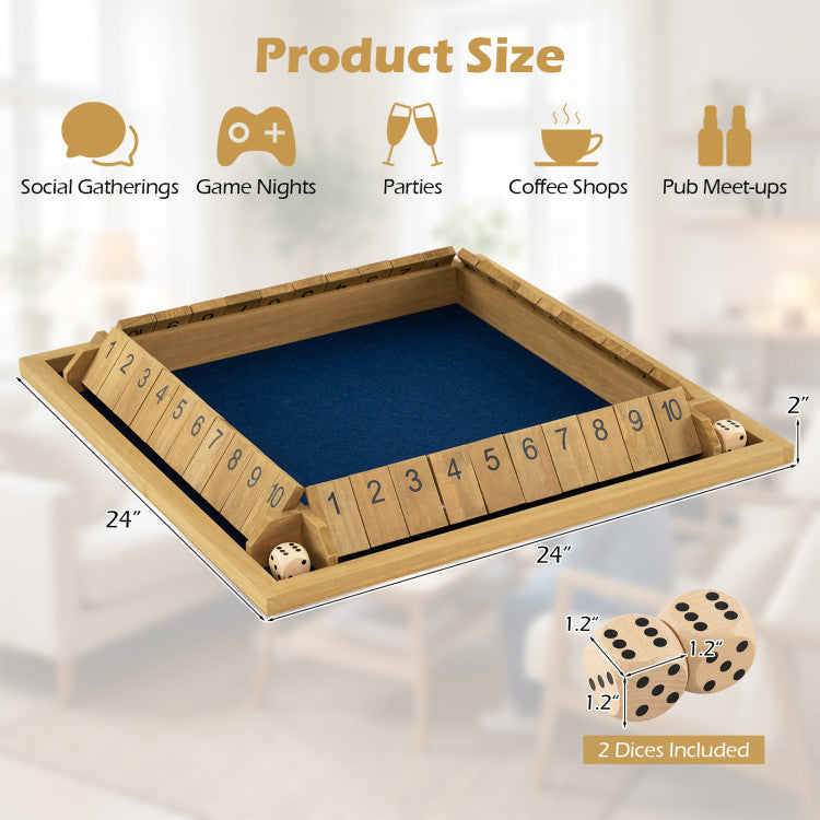 Educational wooden math game with dice and tiles