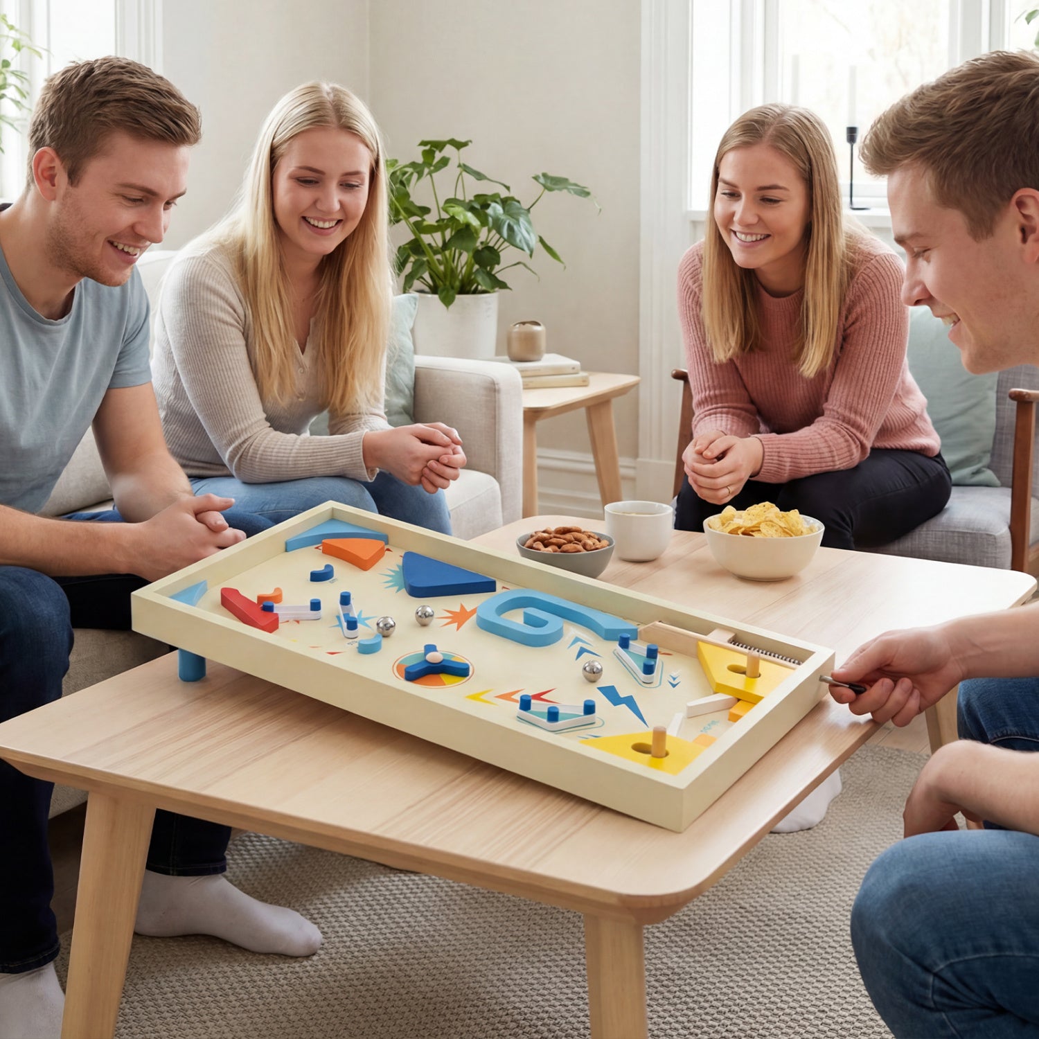 Mechanical wooden pinball table with spring launcher