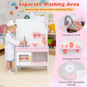 Children's play kitchen set with sink and storage rack, featuring a young girl playing in a doctor's outfit.